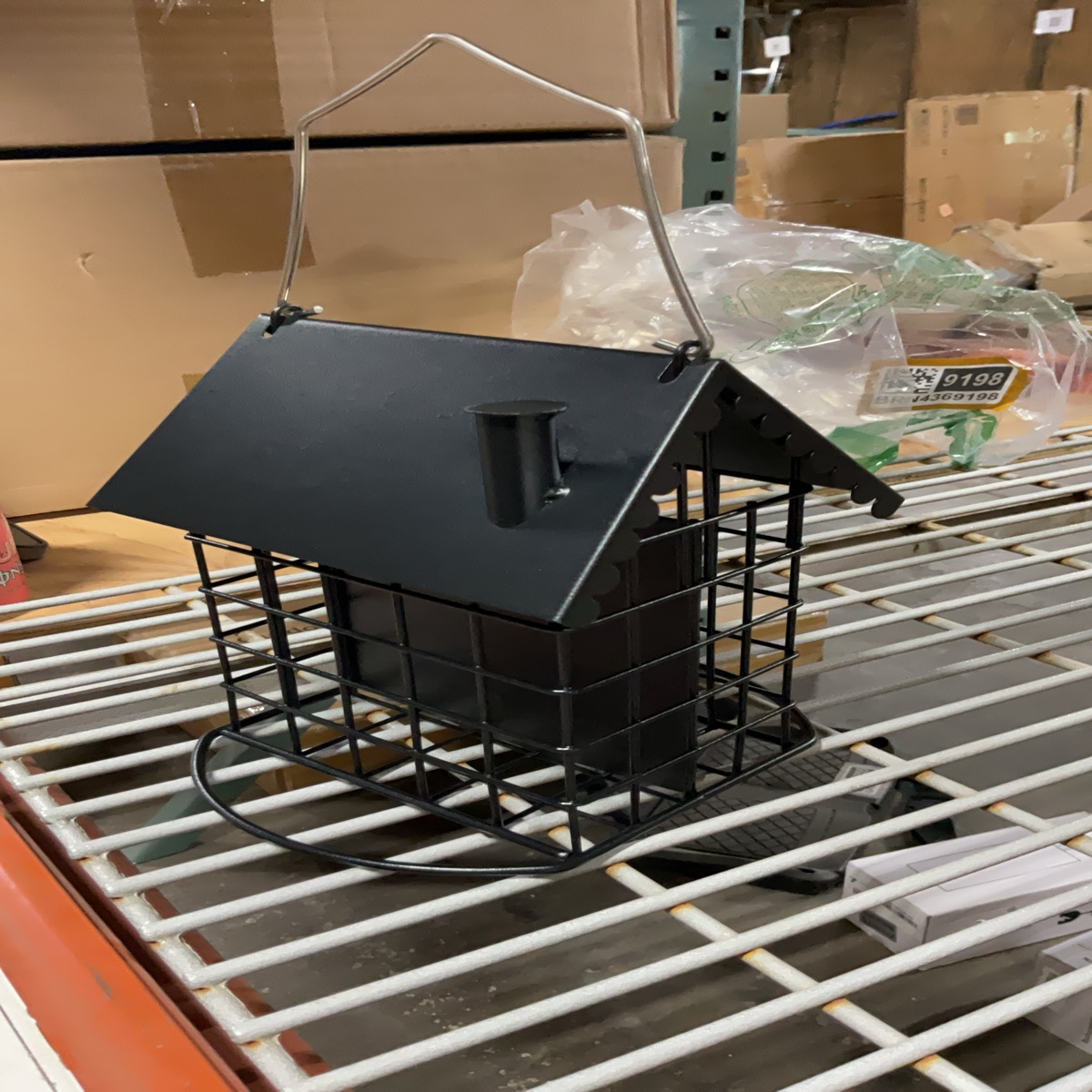 Black Metal Bird Feeder with Protective Cage and Roof