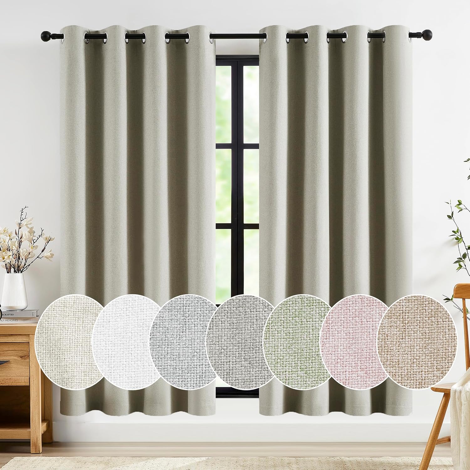 Grommet-Top Faux Linen Textured Curtain Panel, Light Gray
