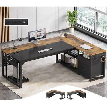 (Box B only)71" L-Shaped Executive Desk With Power Outlets, Modern Home Office Corner Desk with File Drawers and Pegboard