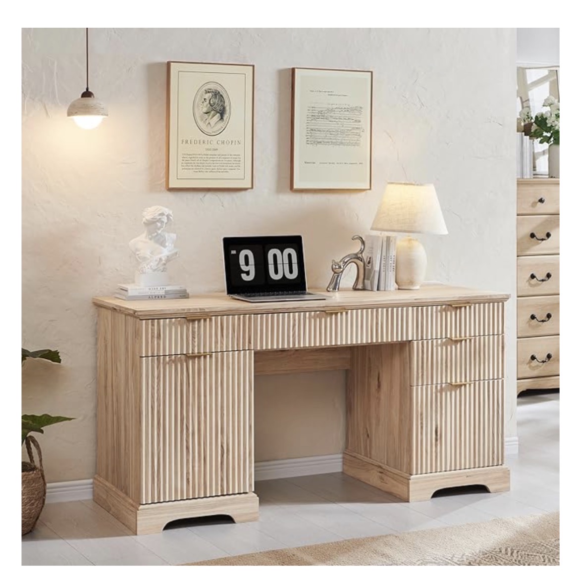 Amazon.com: JXQTLINGMU 58" Modern Executive Desk with Storage, Wood Home Office Desk with 5 Drawers & 1 Cabinet, Fluted Computer Writing Desk for Study, Living Room, Bedroom, Natural Oak : Home & Kitchen