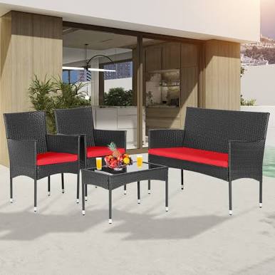 4 Piece Patio Wicker Bistro Outdoor Furniture Set, All Weather Cushions,Conversation Set, Rattan Chairs and Glass Top Table for Backyard, Porch, Balcony, Deck