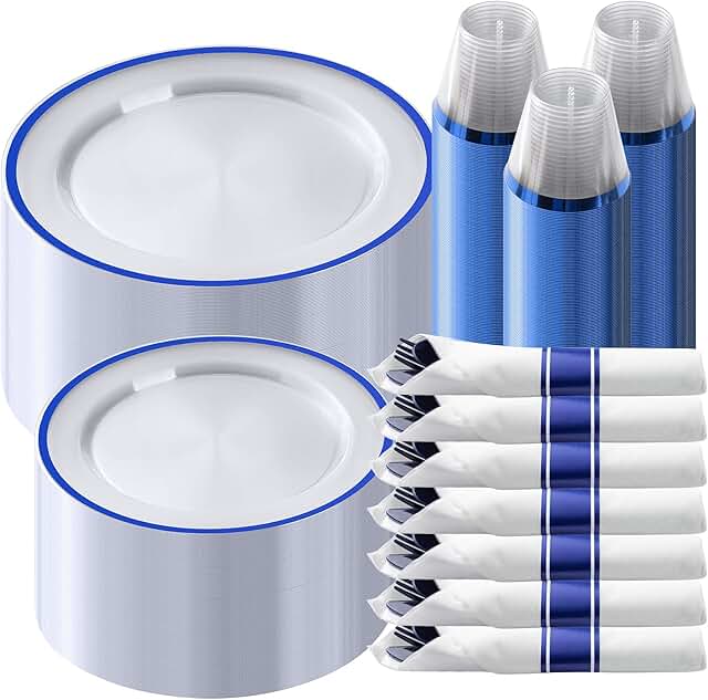 Goodluck 350 Piece Dark Blue Plastic Party Dinnerware Set for 50 Guests
