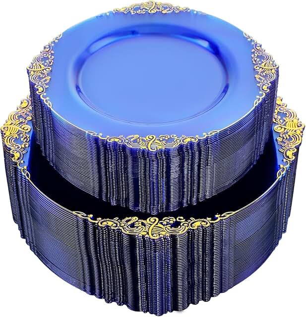Joyido 102PCS Blue Plastic Plates for Weddings & Parties