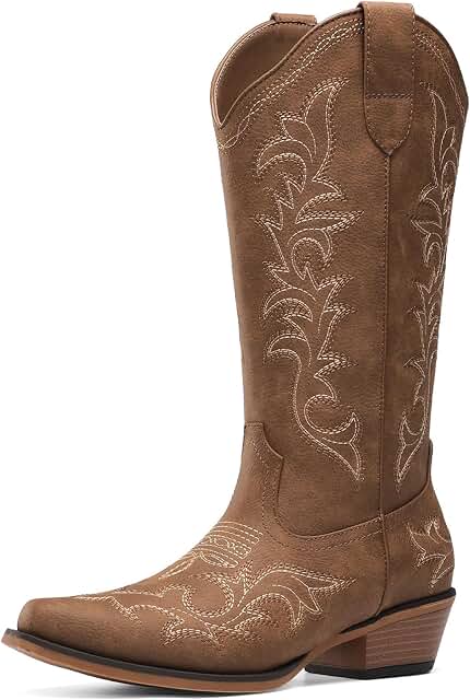 DREAM PAIRS Women's Cowboy Boots - Brown PU, Size 7.5