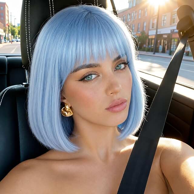 Light Blue Bob Wig with Bangs Short Straight for Women