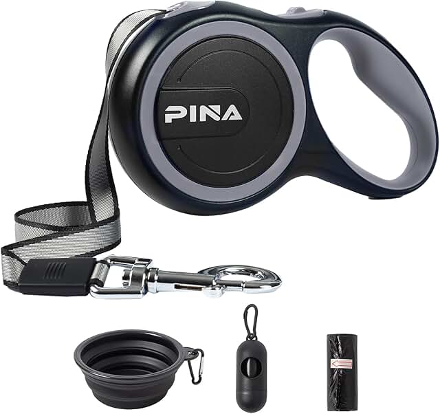 Pina Retractable Dog Leash with Integrated Waste Bag Dispenser and Water Bowl