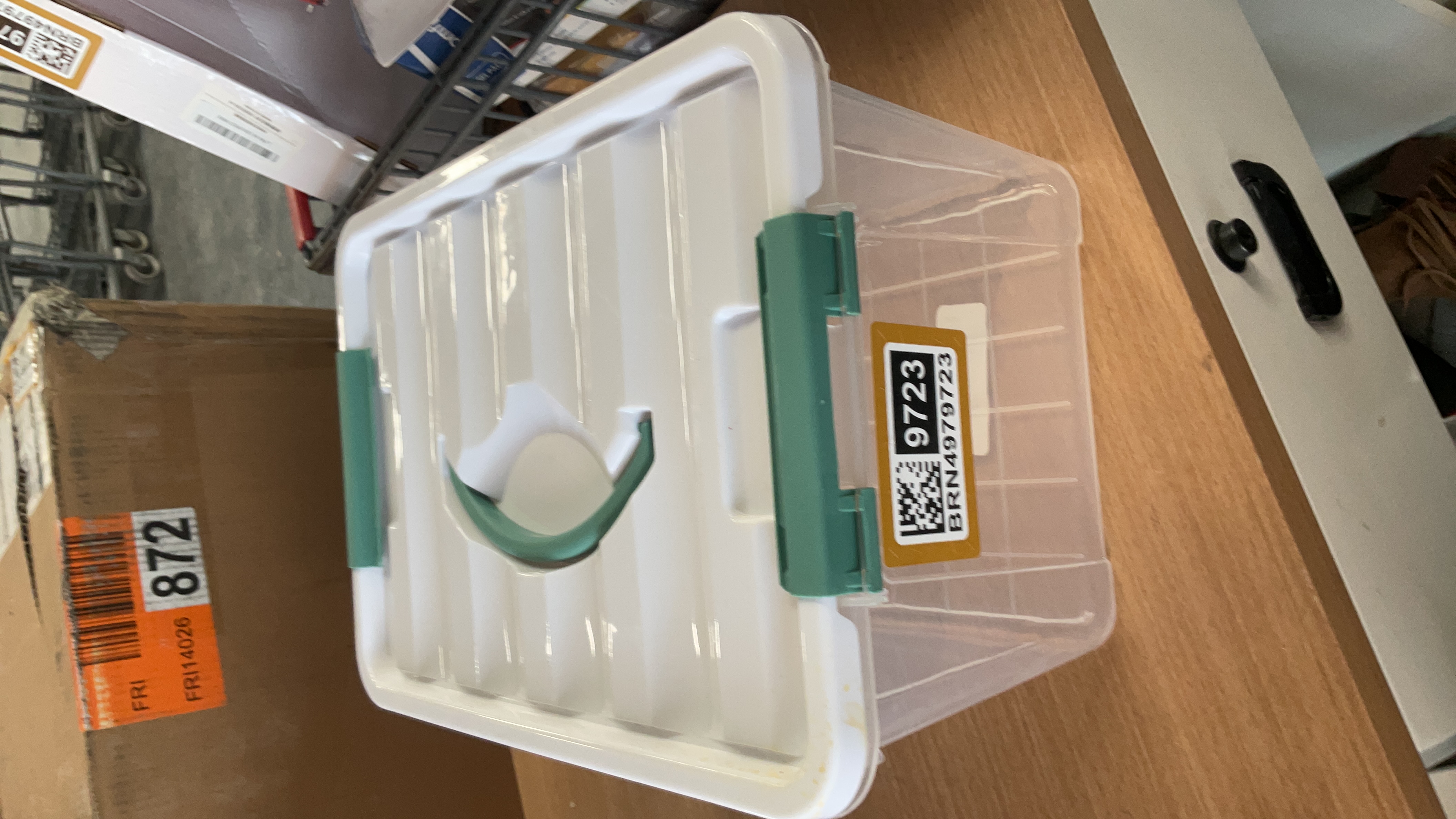 Clear Plastic Storage Bin with Green Handle Lid