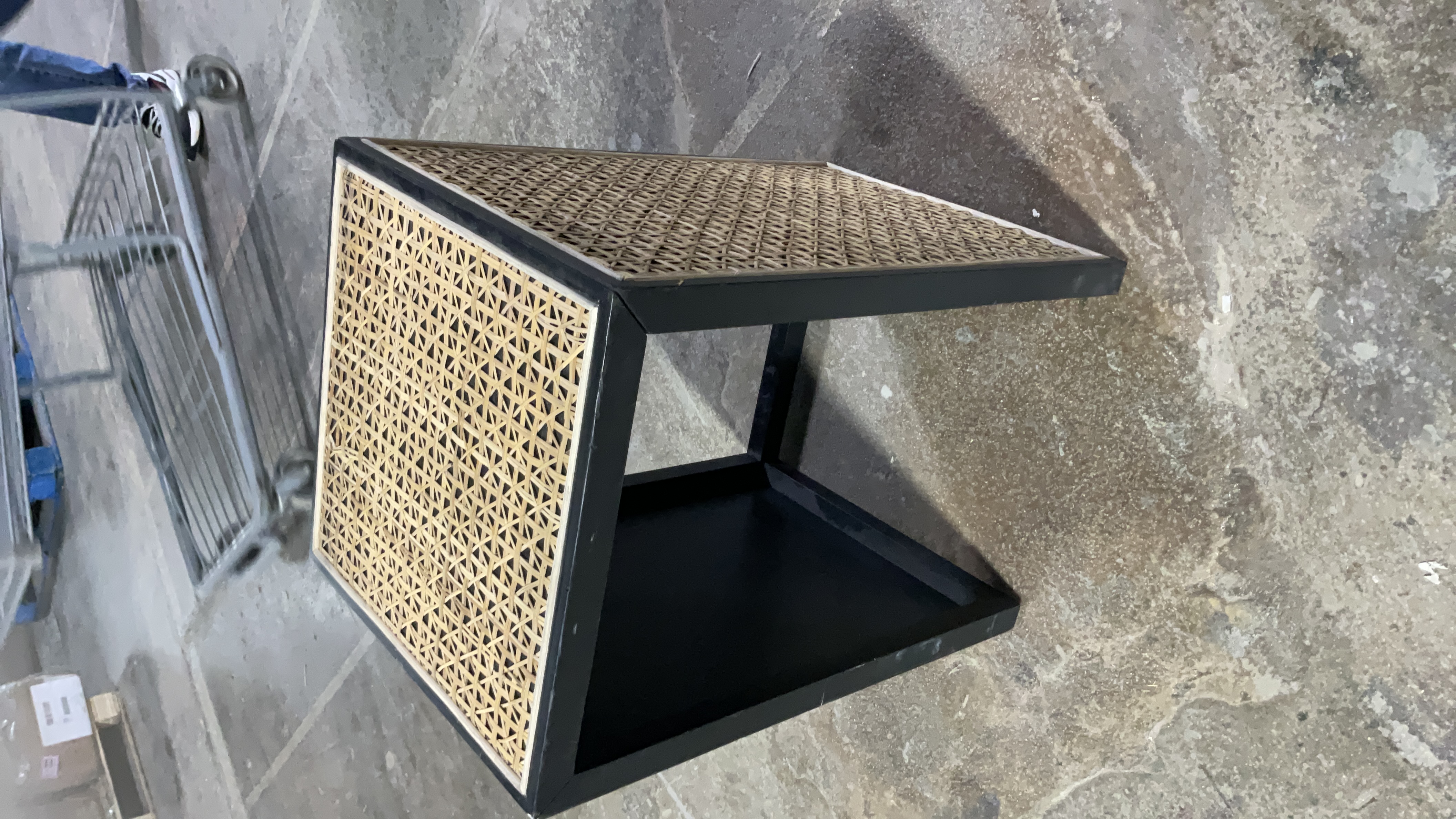 Modern Black Square Side Table with Rattan Cane Inlay Detail
