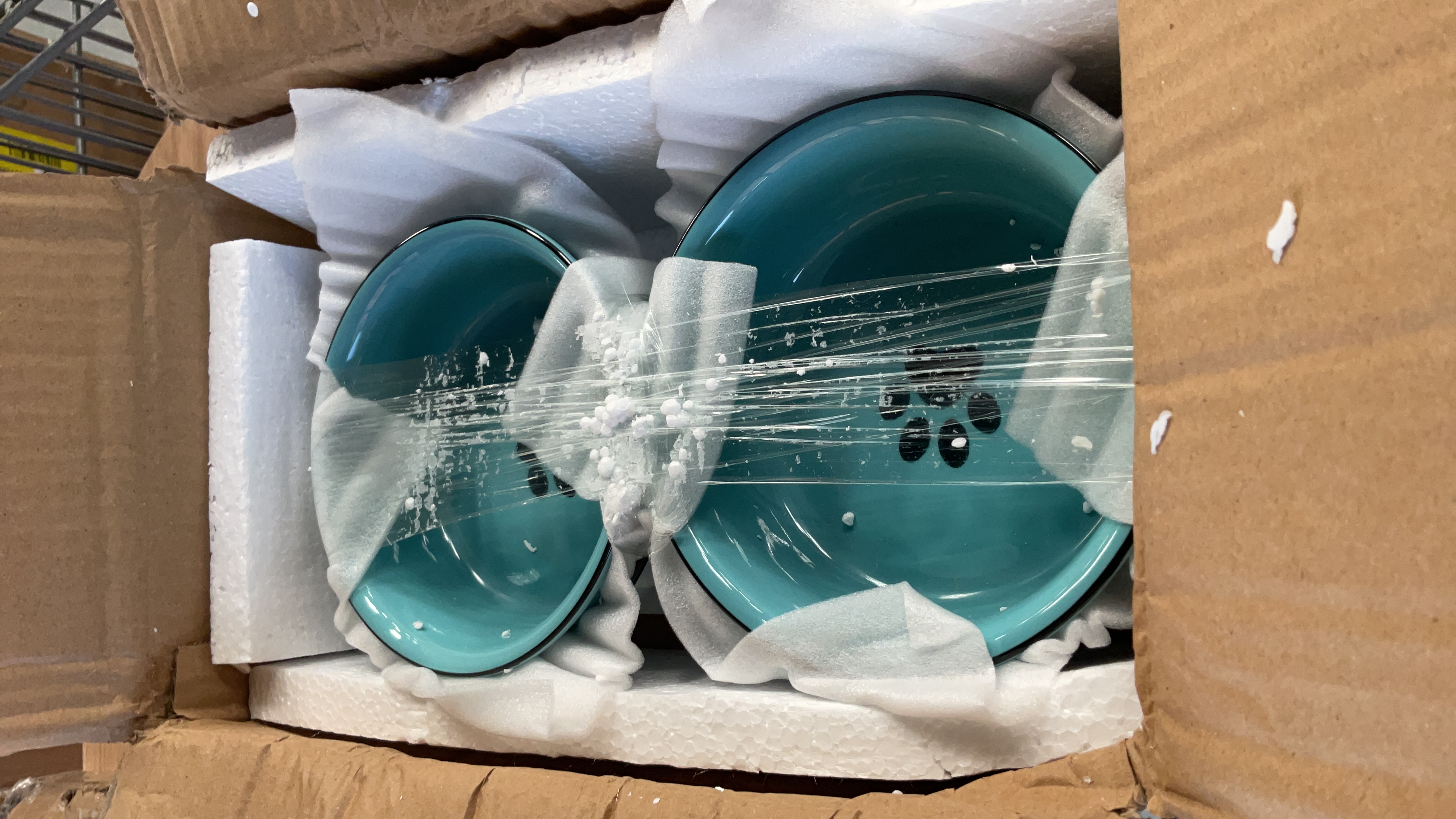 Ceramic Dog Pet Food Water Bowls, Teal with Paw Print Design, Set of 2