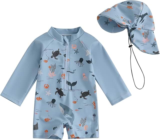Baby Infant Long Sleeve Zip-Up Rash Guard Swimsuit - Marine Life Print