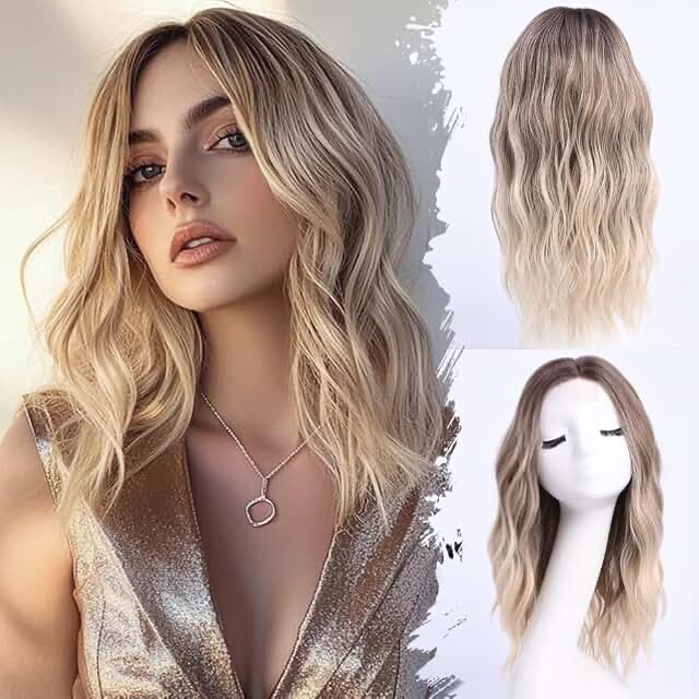 YaissmyLu 18 Inch Middle Part Wavy Dirty Blonde Wig with Dark Roots