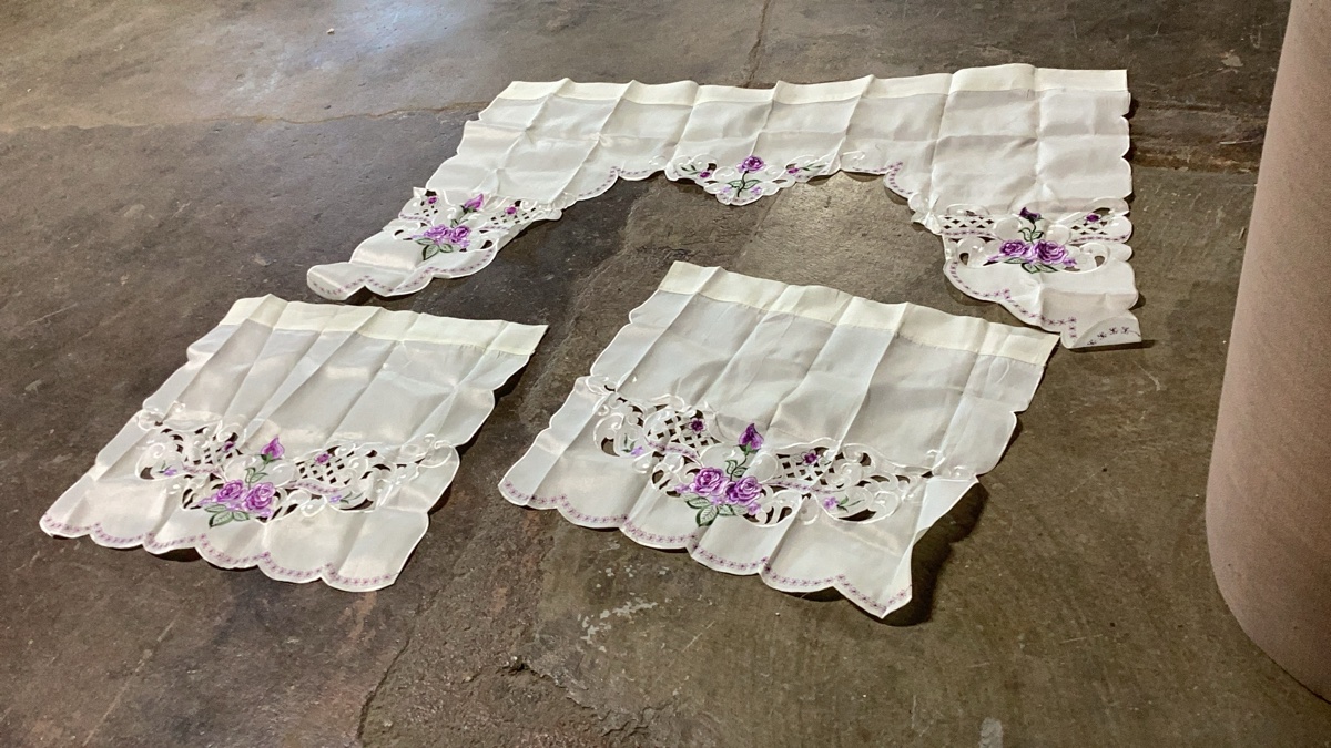 3-Piece White and Purple Floral Embroidered Kitchen Window Curtain Set