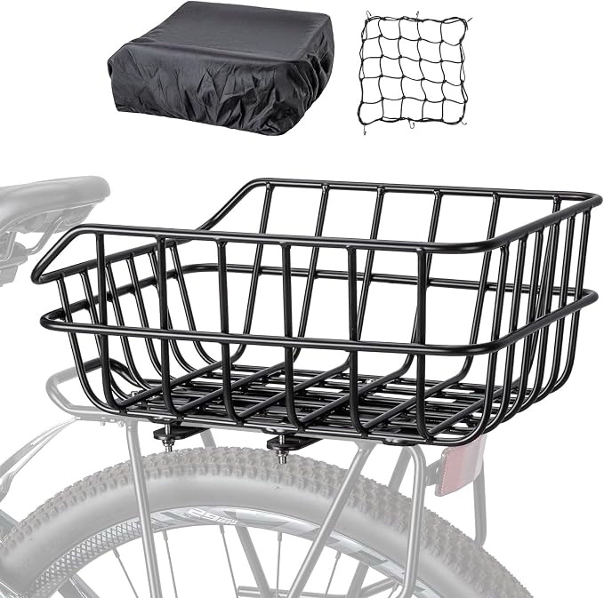 CXWXC Rear Bike Basket - Bicycle Rear Basket with Cargo Net and Waterproof Cover - Rear Mount Aluminium Bike Basket Large Capacity : Sports & Outdoors
