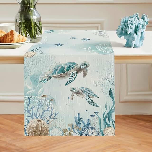 Coastal Theme Linen Fabric Table Runner with Sea Life Print