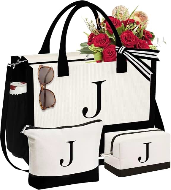 Canvas Tote Bag with Letter J Monogram