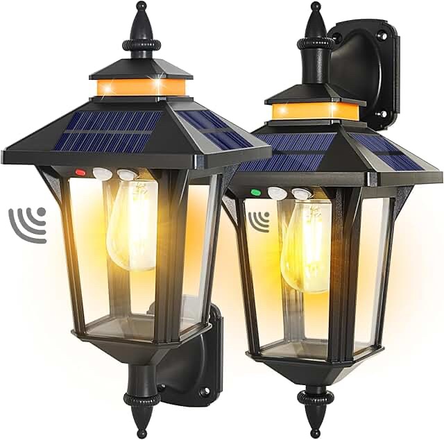Solar Powered Outdoor Wall Lantern Sconces, Set of 2