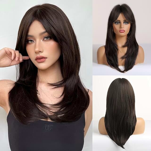 Long Wavy Black and Brown Highlighted Synthetic Hair Extension/Wig