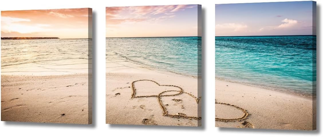 3-Piece Canvas Wall Art Set - Beach Sunset with Heart in Sand