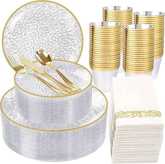 Rubtlamp 150-Piece Hammered Party Plates and Gold Plastic Silverware Set