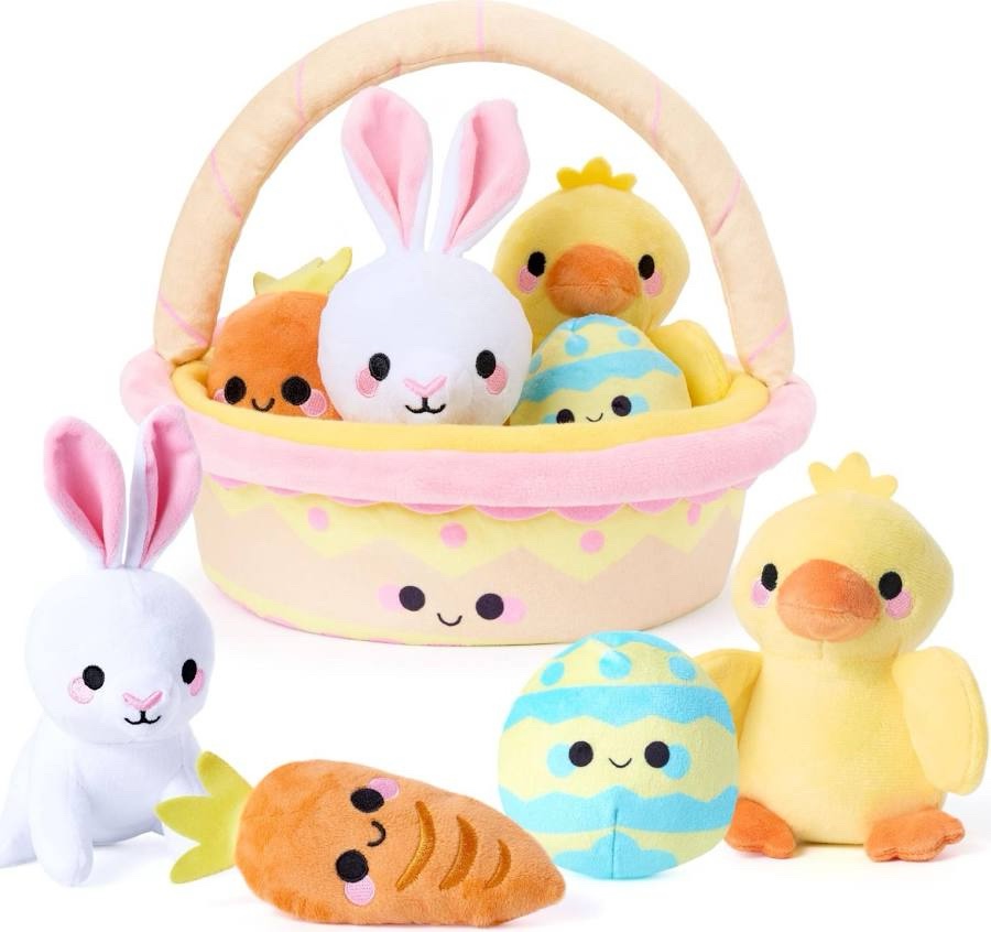 Easter Plush Toy Basket Set with Stuffed Bunny, Chick, Egg, and Carrot
