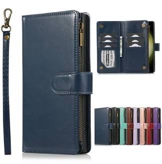 Blue Leather Wallet-Style Phone Case with Wrist Strap for iphone 16e