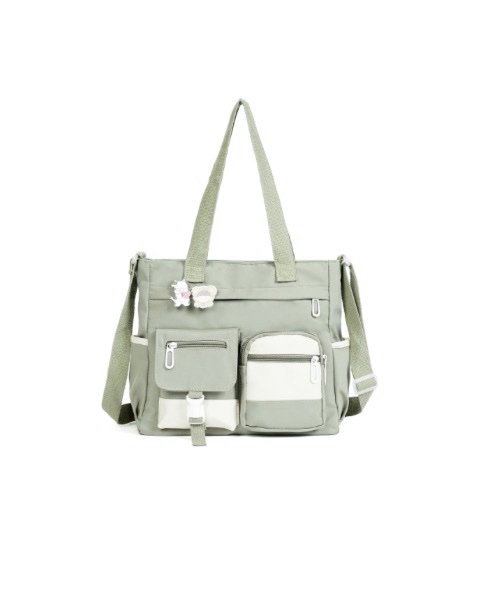 Sage Green Multi-Pocket Nylon Crossbody Tote Bag with White Accents