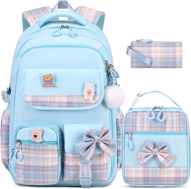 Pastel Blue Plaid Bow Decorative Girls' Backpack with Clear Window Pocket