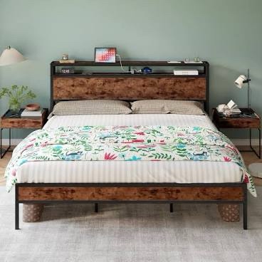Tryston Bed Frame Industrial Platform Bed with Charging Station