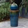 Glazed Blue and Brown Duo-Tone Sphere on Round Pillar Bubbler 30-Inch Tall Ceramic Fountain
