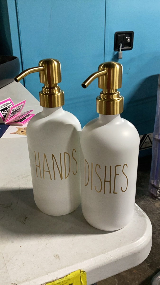 Rae Dunn Style Glass Soap Dispenser Set - 'HANDS' and 'DISHES'