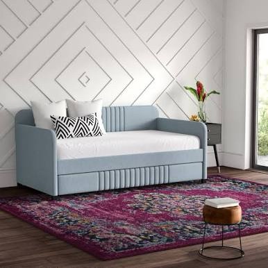 Aaru Upholstered Daybed with Trundle Box B (Back Rest, Rails, Slat Support, Castor, Hardware)
