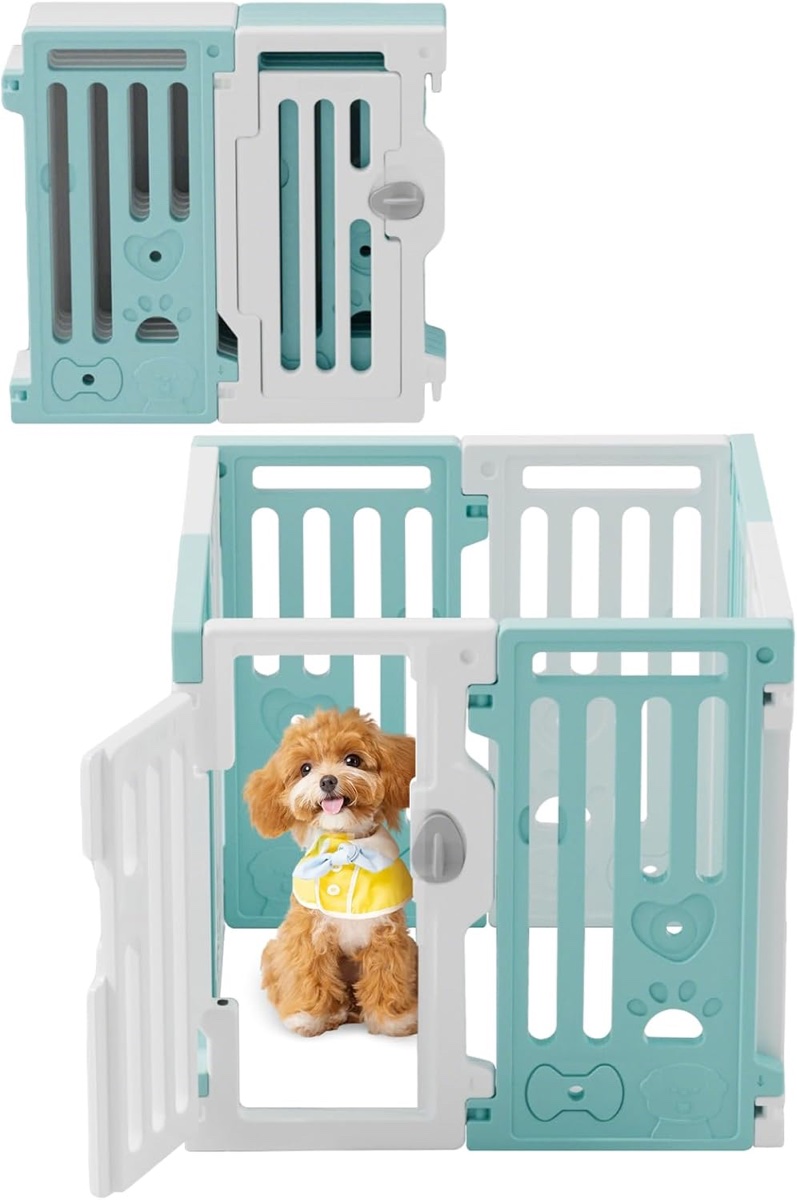 Pet Dog Playpen, 7 Panels + 1 Door, White & Blue