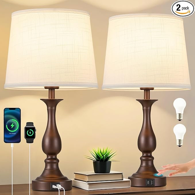 Brown Table Lamp Pair with Integrated USB and Type-C Charging Ports