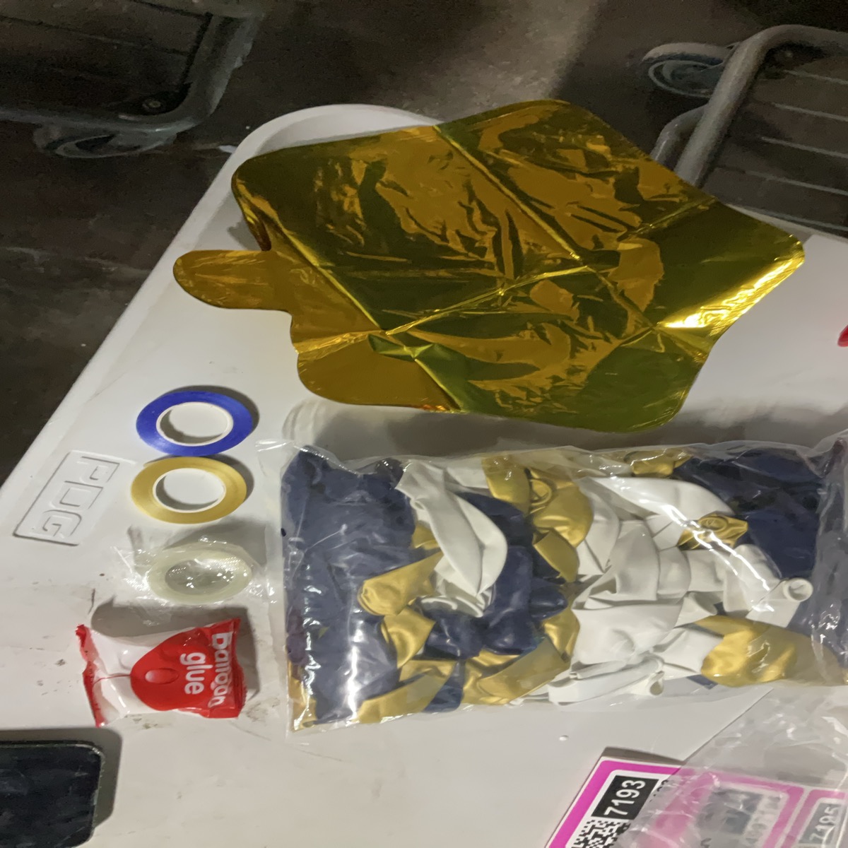 Gold, White And Navy Blue Balloon Assortment, Comes With Six Gold Foil, Star Balloons, Blue Ribbon, Gold Ribbon, Tape, And Balloon Glue Dots