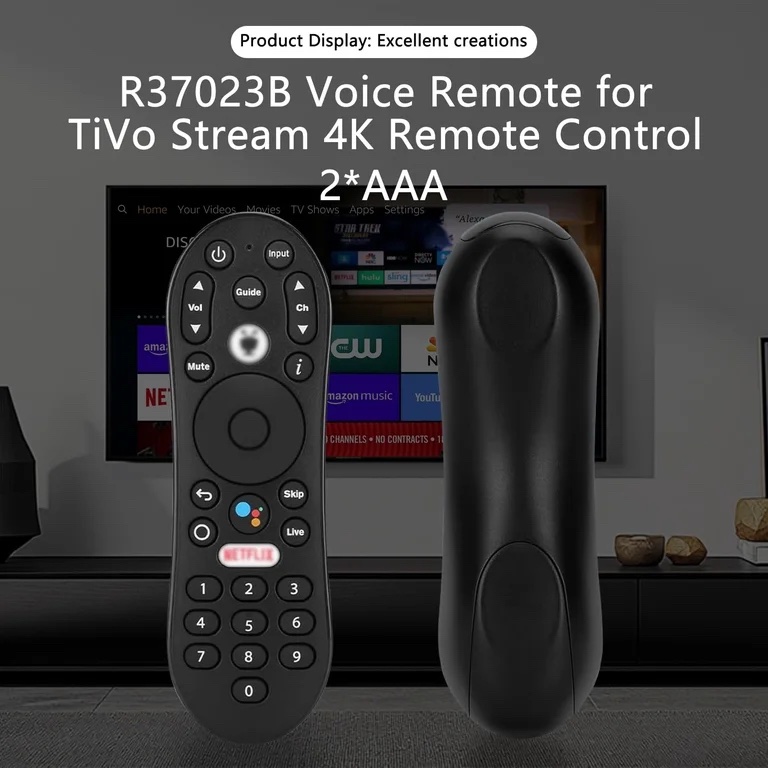 tiVo stream 4K remote control featuring dedicated shortcut buttons for Netflix and Google Assistant