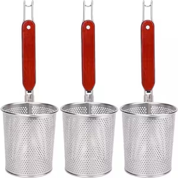 3 Pack Stainless Steel Mesh Pasta Strainer Baskets With Wooden Handles And A Deep Cylindrical Design