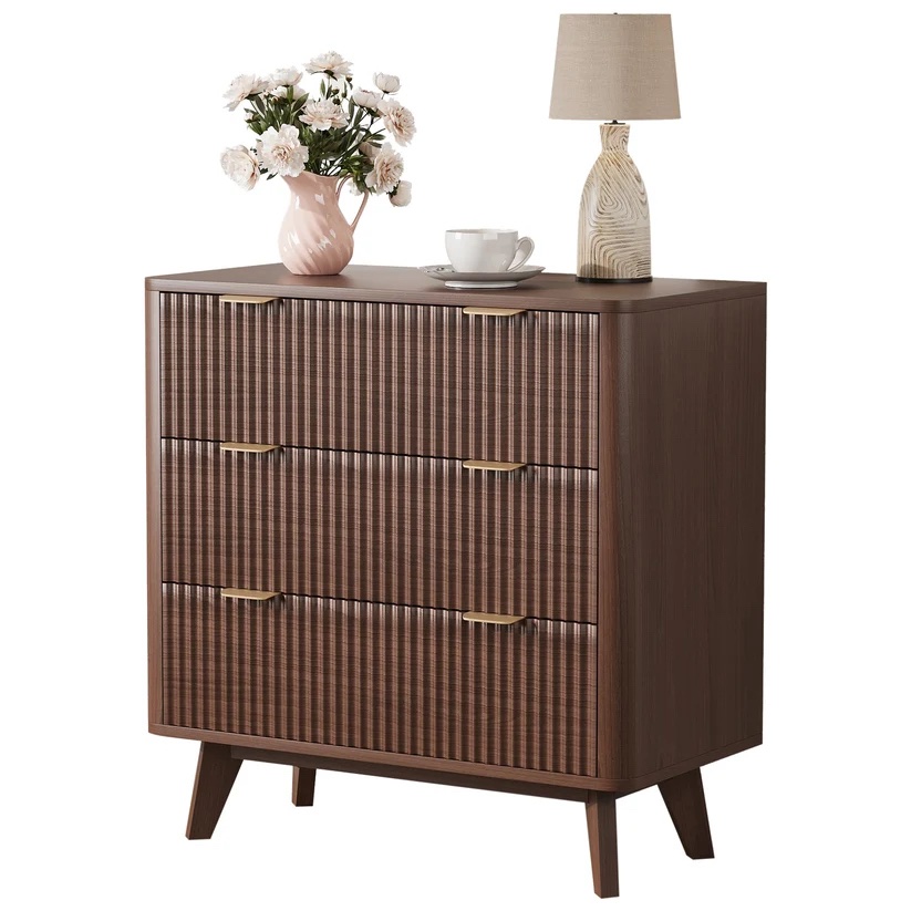Modern Fluted Bedside Table with 3 Drawers – Faux Marble Top – Large Storage – Gold Handles & Curved Profile – Elegant Wood Bedside Table for Bedroom, Living Room, Entryway – Walnut