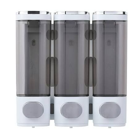 Triple-Chamber Wall Mounted Soap And Shampoo Dispenser, Featuring Clear Gray Plastic Reservoirs With Chrome Push Buttons