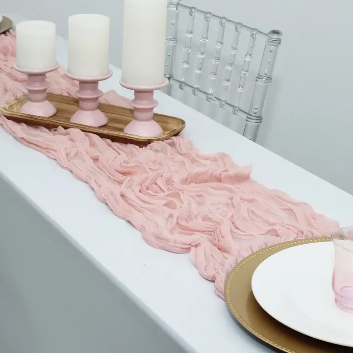 2pk Pink Cheese Cloth Table Runner Featuring A Lightweight, Crinkled Gauze Texture Ideal For Rustic Wedding And Party Decor