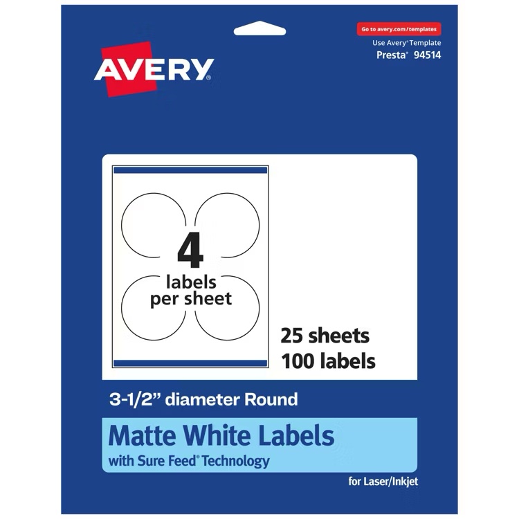 Avery Presta Round Labels, 3-1/2" Diameter, Matte White, 100 Labels