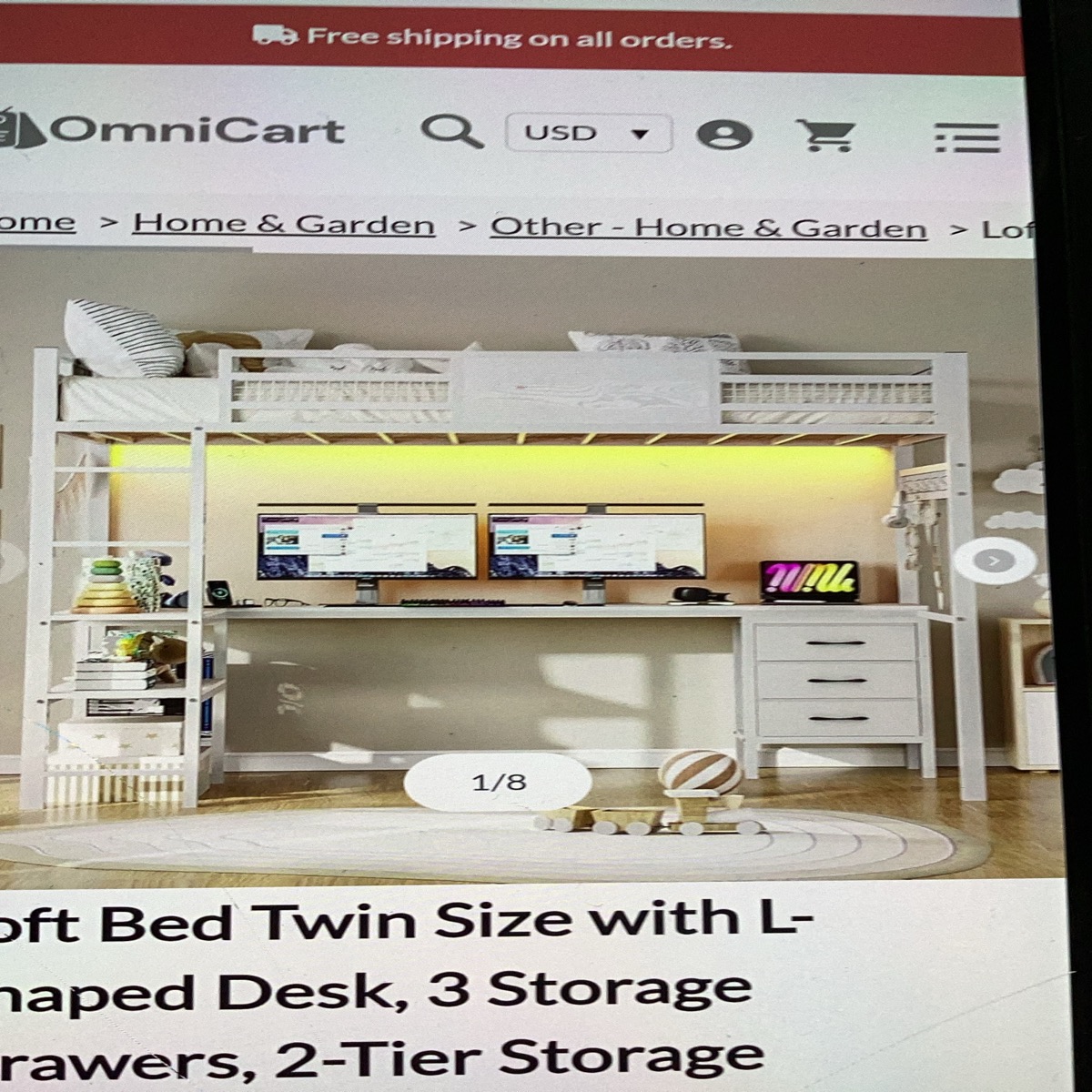 Loft Bed Twin Size With L Shaped Desk 3 Storage Drawers 2 Tier Storage Power Outlets Led