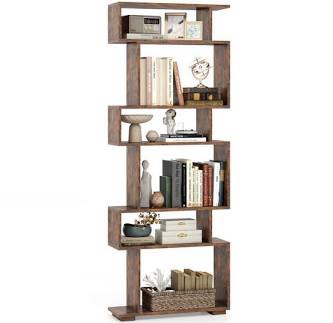 Gadroad 6 Tier Geometric Bookshelf, Rustic Brown