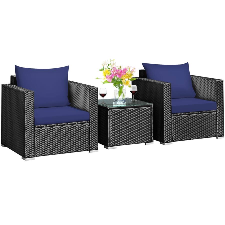Silver Rattan Navy Blue Cushion Outdoor Seating Group-Two Single Armchairs