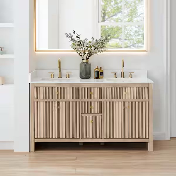 60'' Free Standing Double Bathroom Vanity With Engineered Stone Top, Soft-close Doors