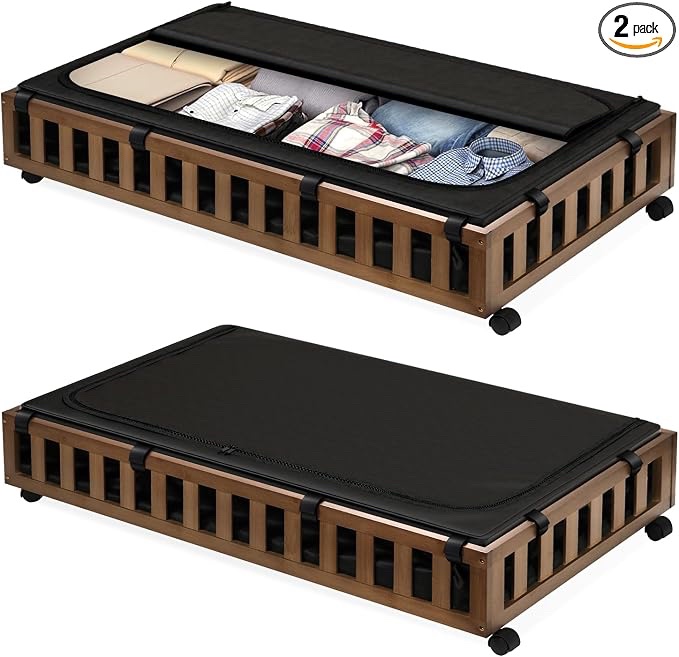 Gashell 2 Pack Bamboo Under-Bed Storage Containers with Wheels (Brown)