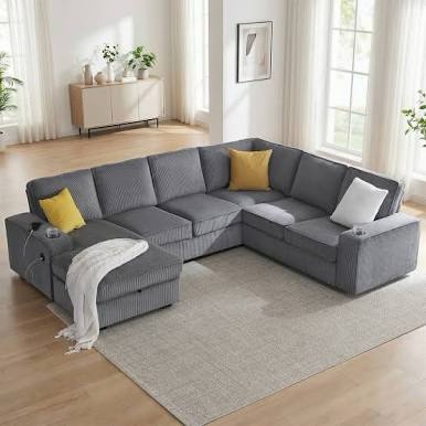 112 Inch Oversized Sofa, Sectional Sofa With USB Ports, Corduroy Gray, Box 1 Of 2