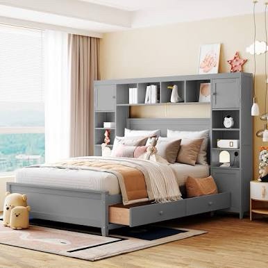 Wooden Bed with Two Storage Lockers, Drawer, and Storage Shelf on Headboard