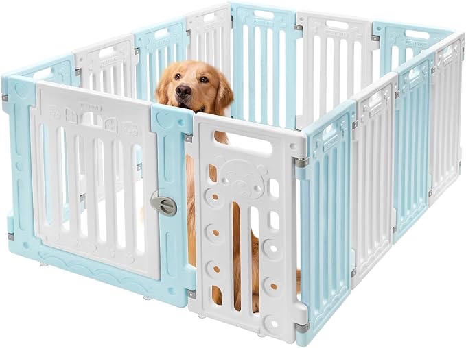 Pet Playpen Barrier, all BLUE 9-Panel + 1 Gate, Blue Plastic