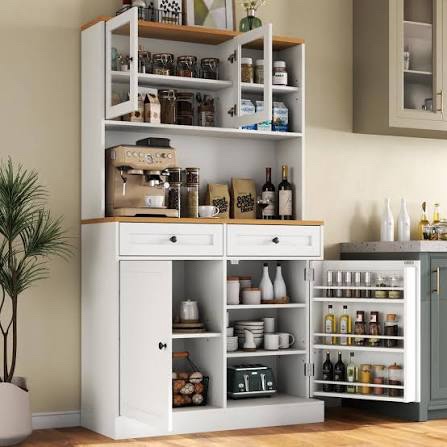 Box 2/3 Kitchen Pantry Storage Cabinet with Hutch and Glass Doors