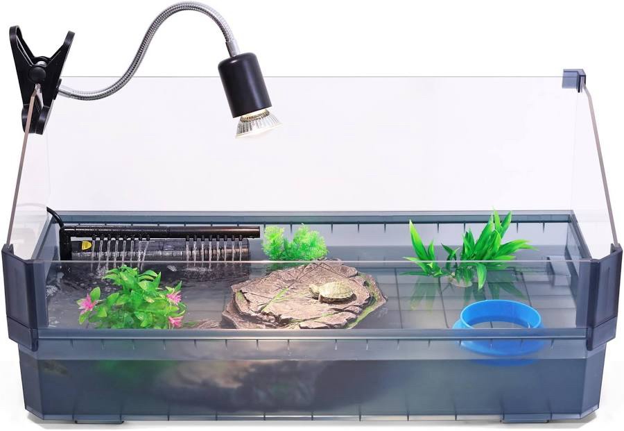 Large Turtle Tank Kit for Aquatic Turtles – Complete Starter Habitat with Filter, UVB Lamp, Basking Platform, Plants, Feeding Ring – Turtle Aquarium Kit (Black) : Pet Supplies